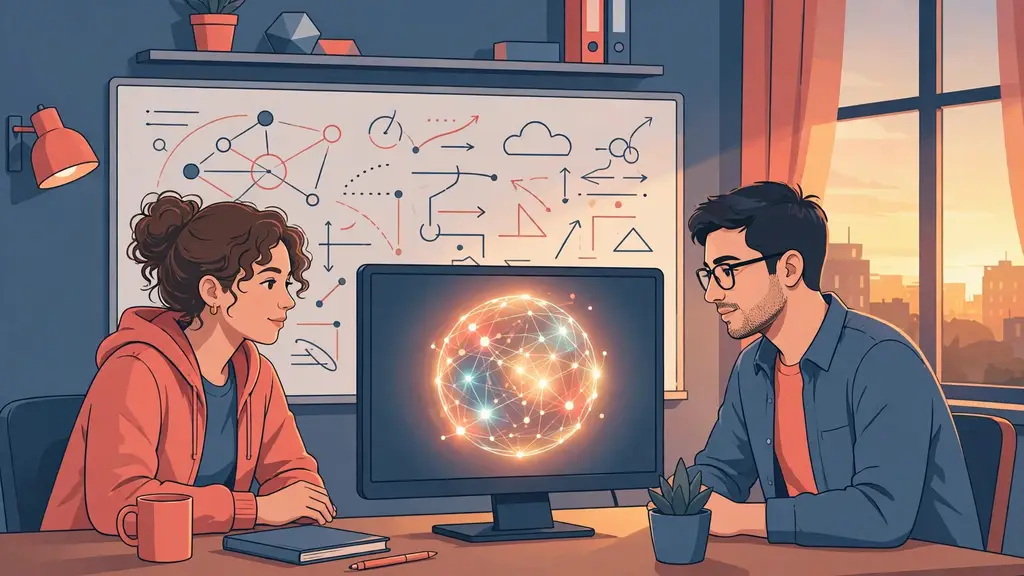 Two startup founders in a small office on a video call with an advisor shown as a glowing AI orb on the monitor.