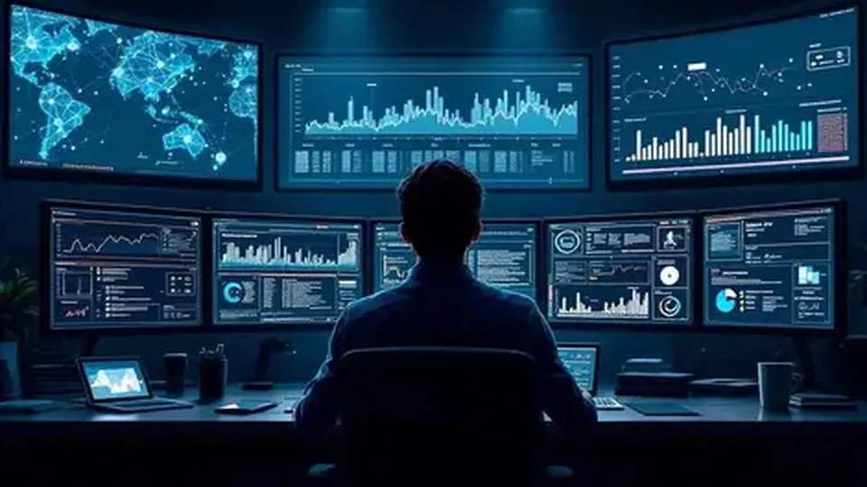 A security operations center with analysts monitoring threat dashboards.