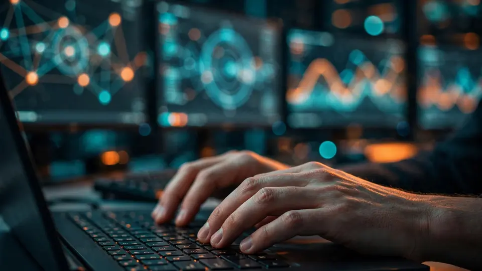 A security operations center at night, hands on a laptop with glowing monitors showing terminal code and network graphs.