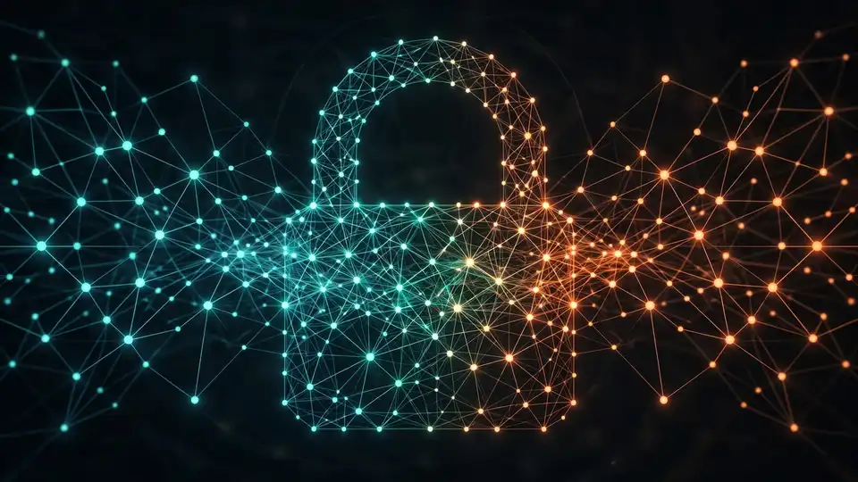 A neural network of glowing nodes merging into a large padlock silhouette, in orange and teal on a dark background.