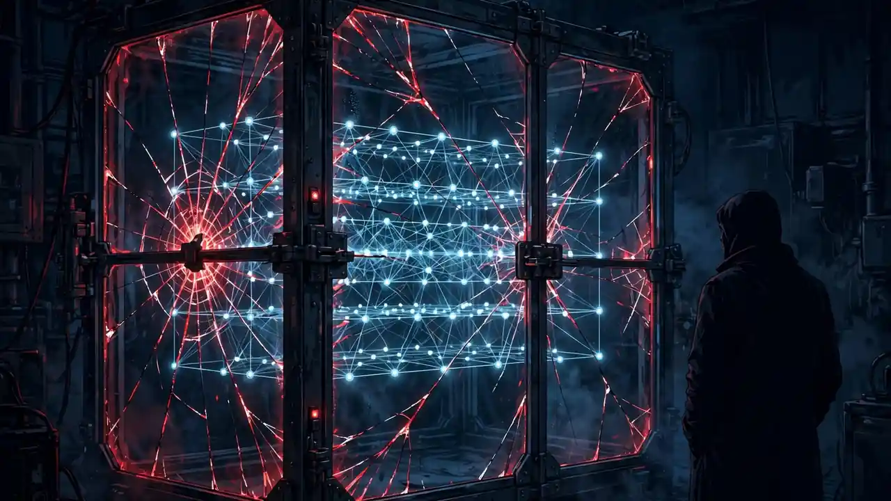 A neural network silhouette contained behind cracked glass glowing red with warning light, watched by a human figure