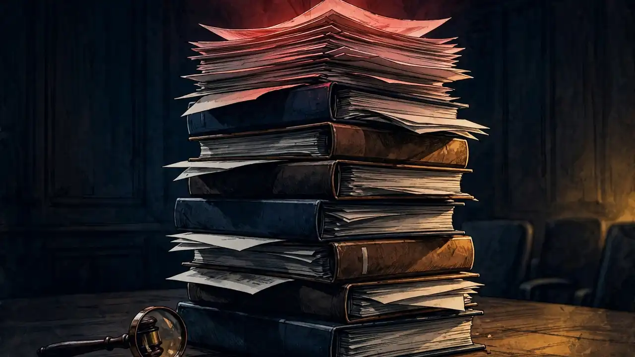 A towering stack of IPO filing binders with pages glowing faint red under scrutiny
