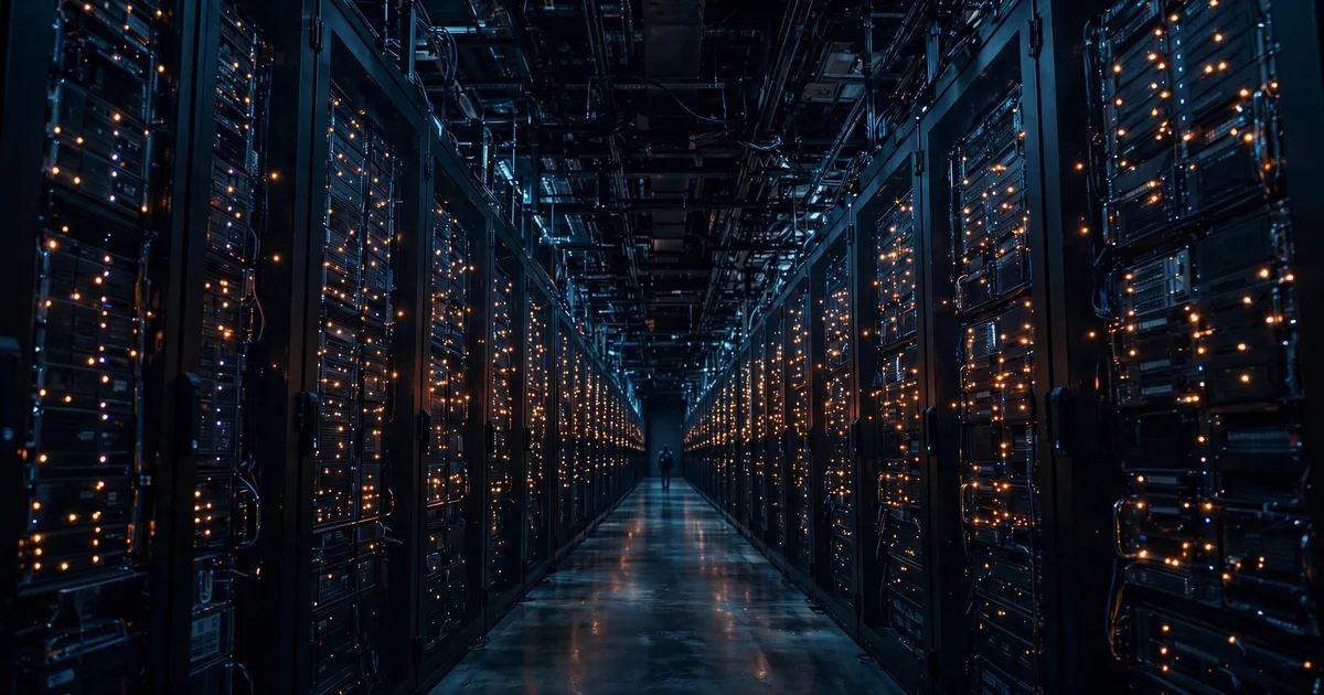 A massive AI data center corridor at night, server racks glowing like a night sky