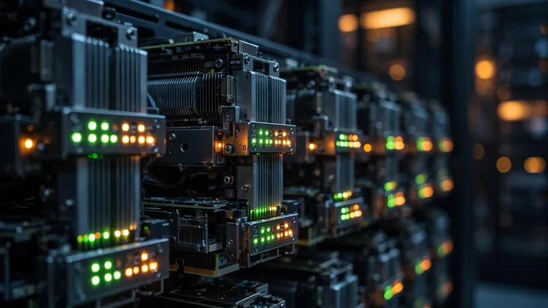 Close-up of AI server hardware with glowing status lights