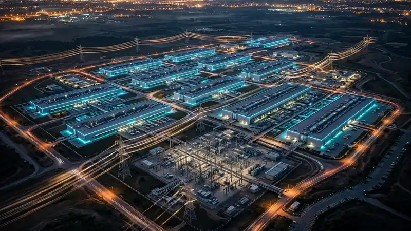 Aerial night view of a hyperscale data center campus