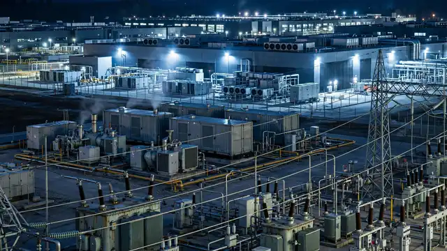 Natural gas generators and substation powering a data center at night