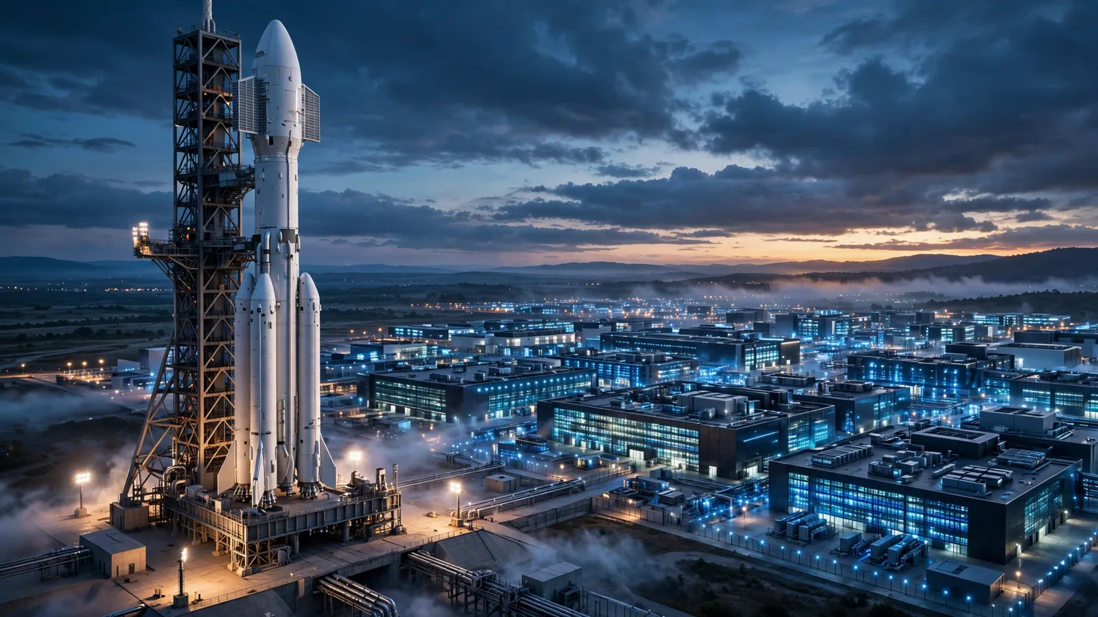 A rocket on a launch pad at dusk beside a glowing data-center campus