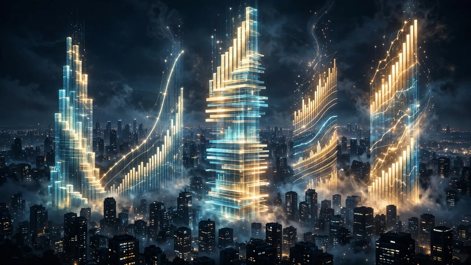 Glowing abstract charts rising over a dark city skyline at night