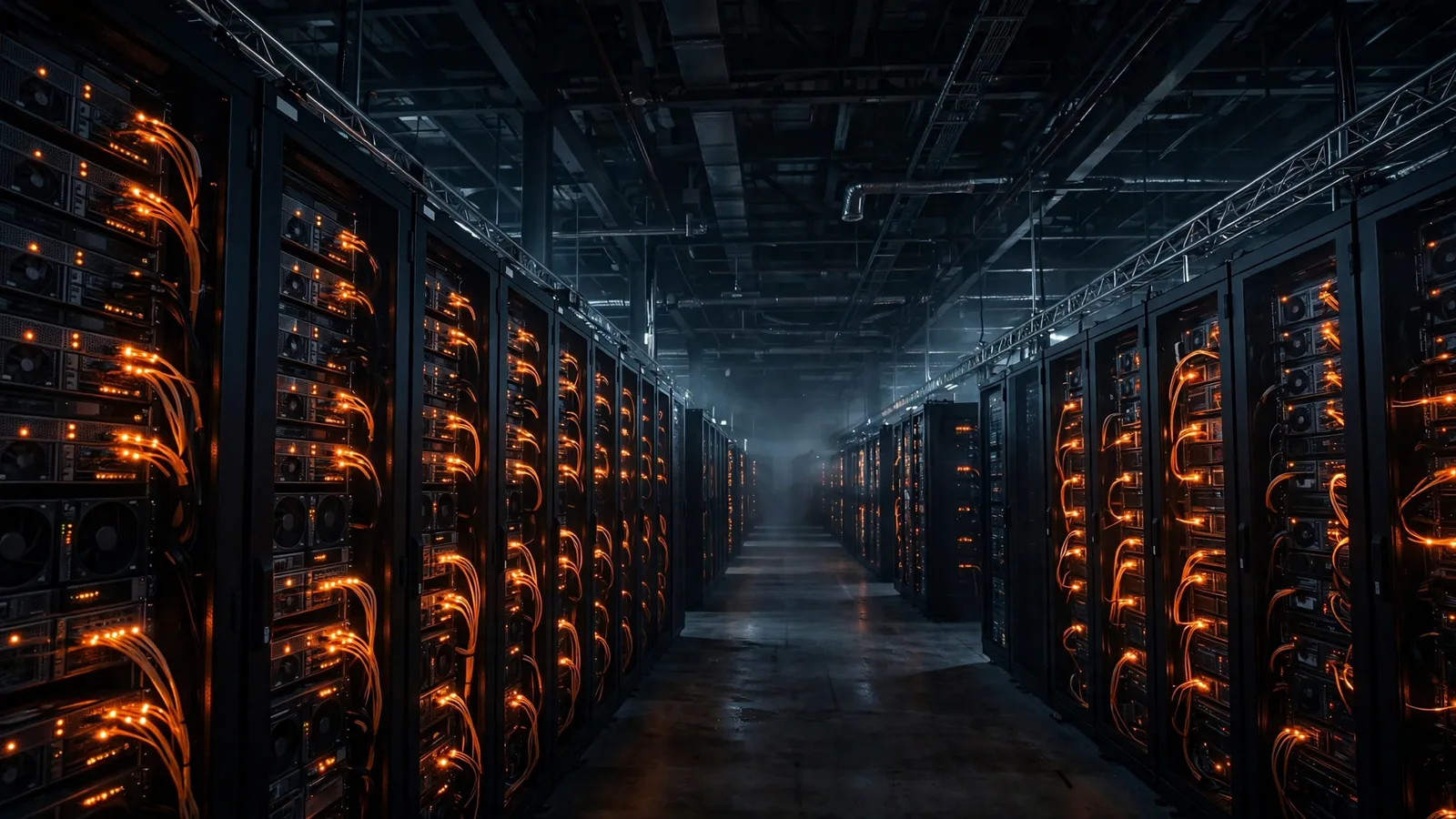 Rows of GPU server racks glowing inside a vast dark warehouse