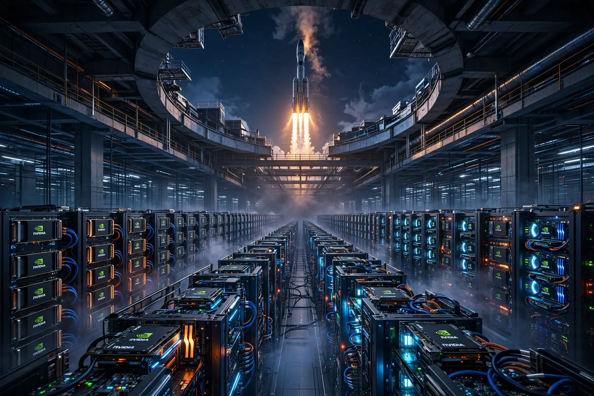 A rocket launching from a giant data center hall filled with glowing Nvidia GPU server racks