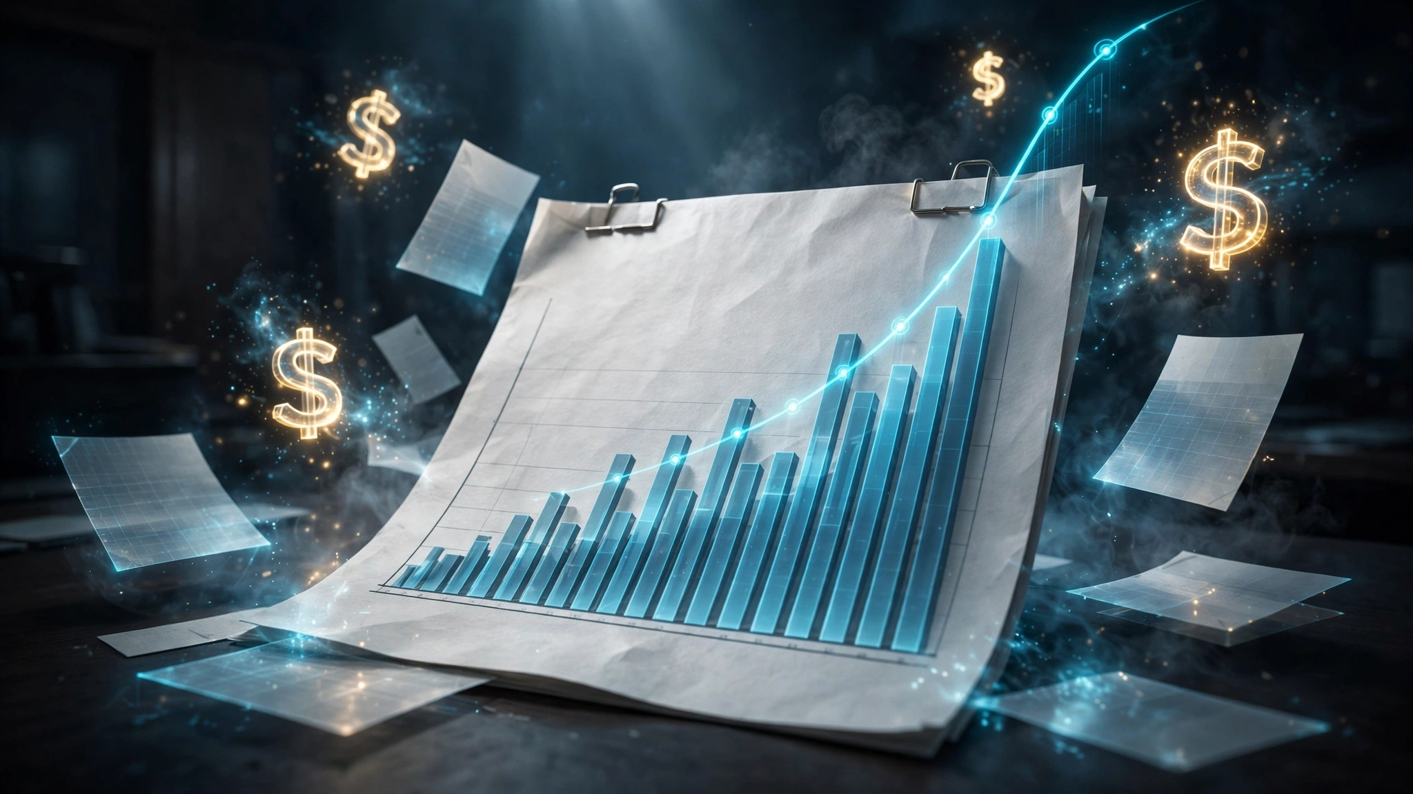 Confidential corporate documents and a rising bar chart of infrastructure spending, with glowing dollar symbols