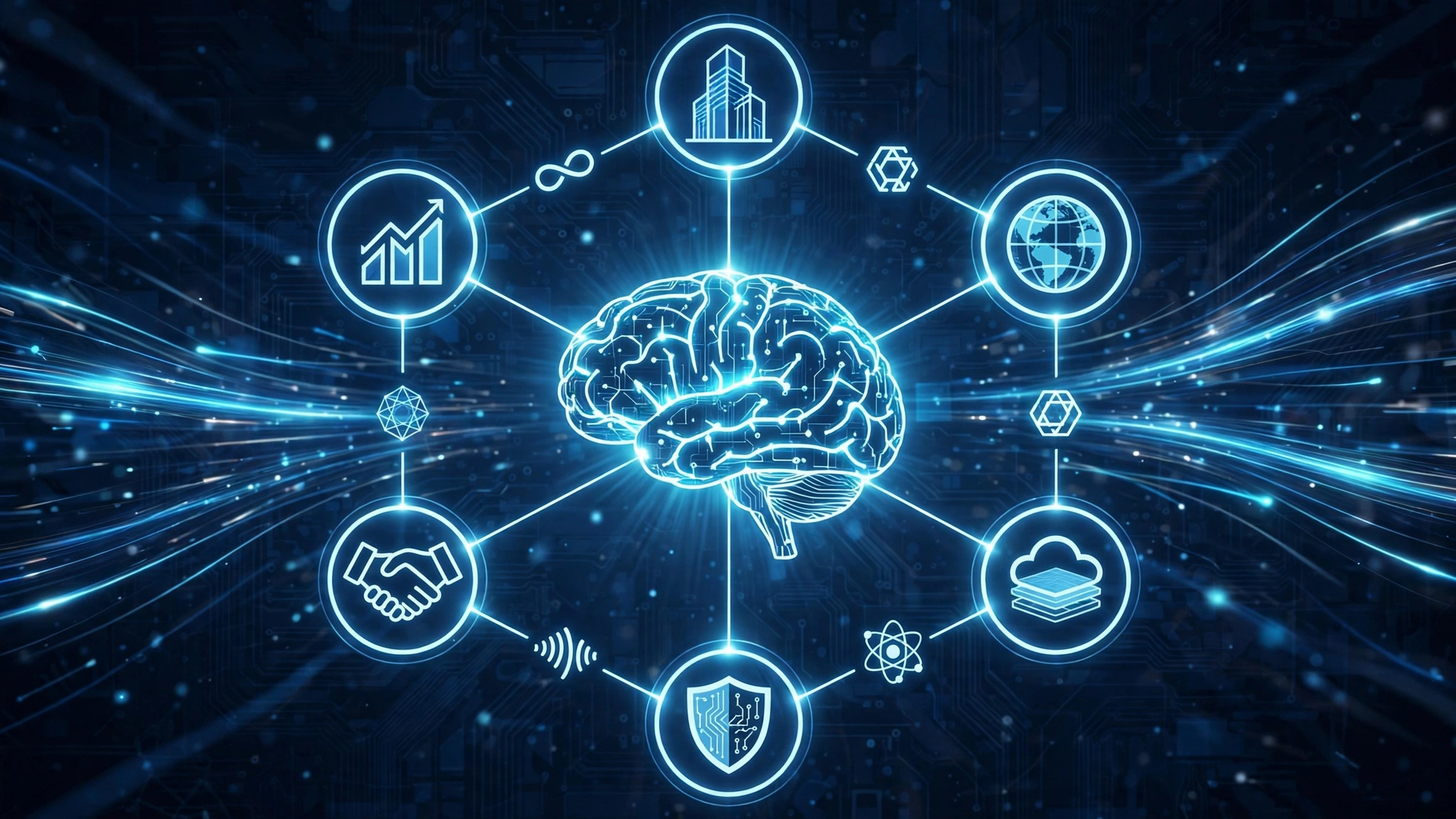 A glowing AI brain icon connected in a network diagram to six corporate partnership nodes