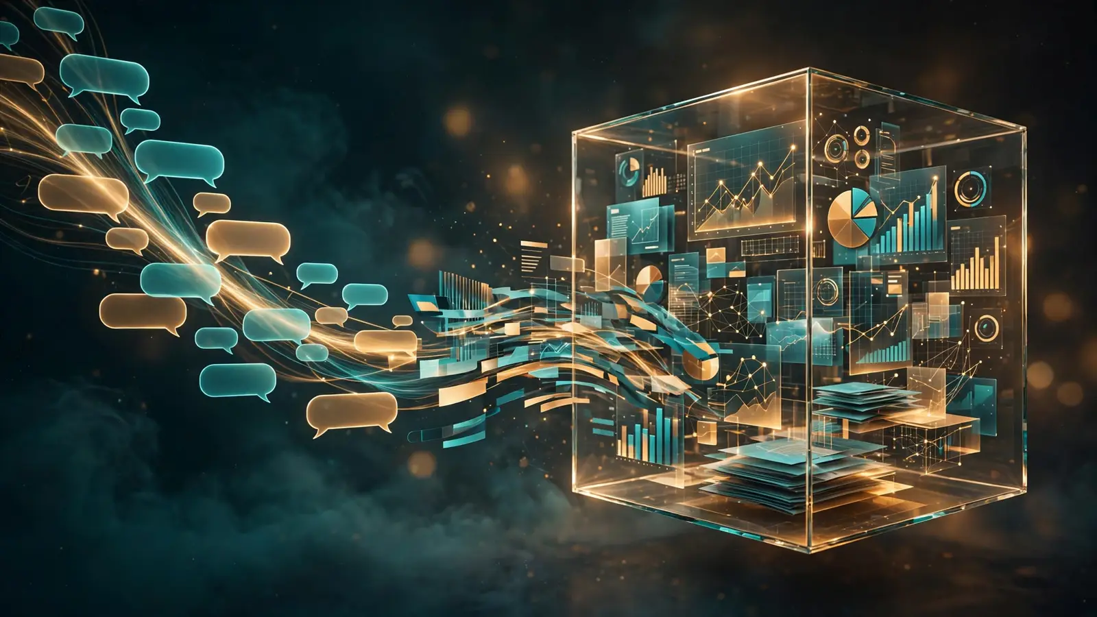 A stream of chat messages flowing into a glowing glass sandbox cube filled with documents and charts, symbolizing chat becoming agentic work