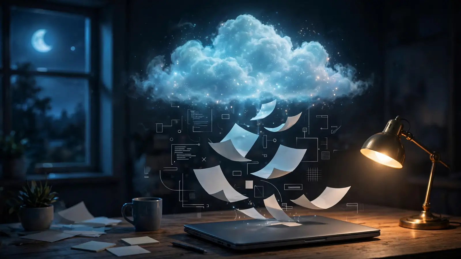 A closed laptop at night while documents keep rising into a glowing cloud above it