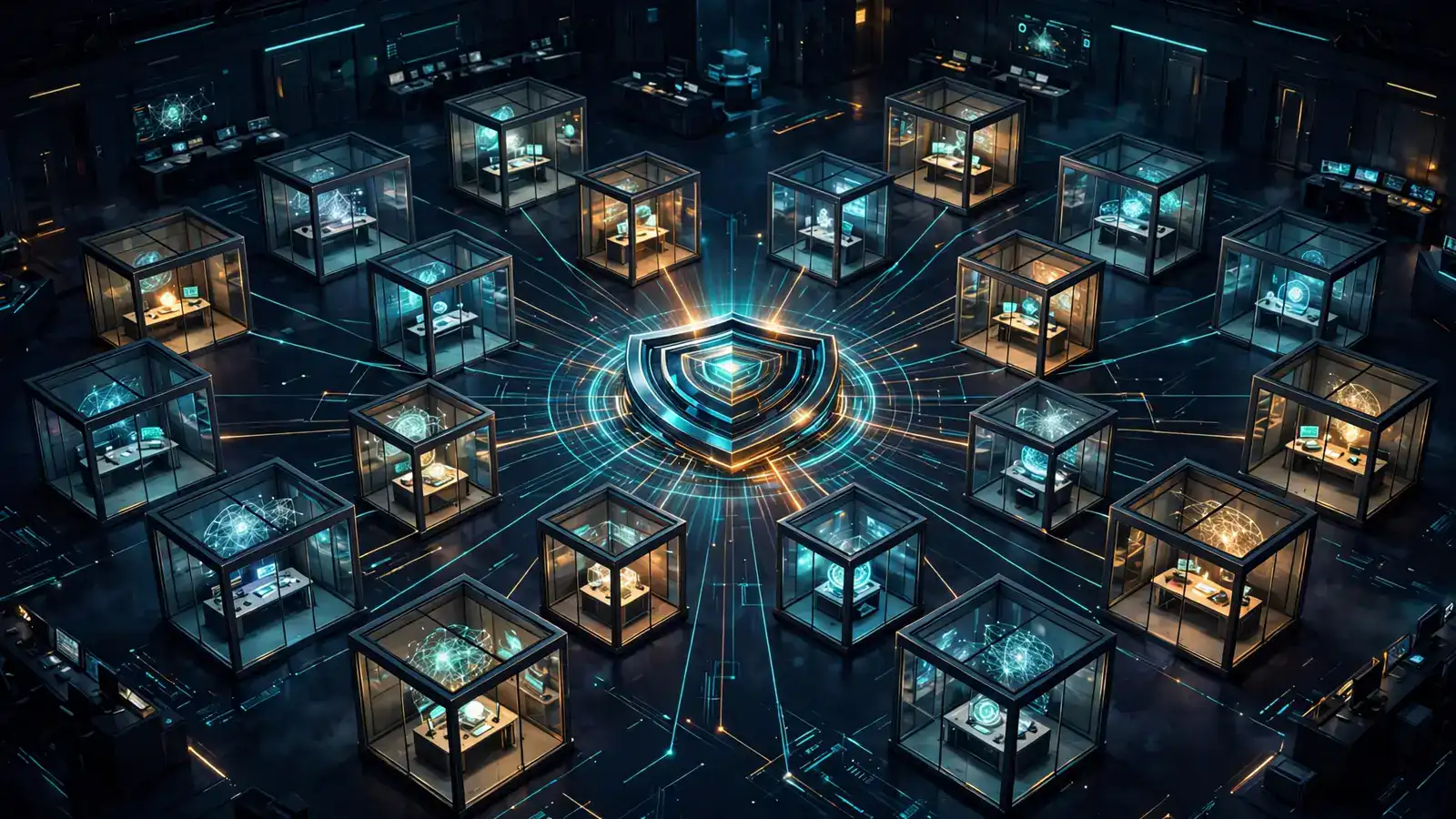 Rows of isolated glass workspace cubes arranged around a central glowing shield