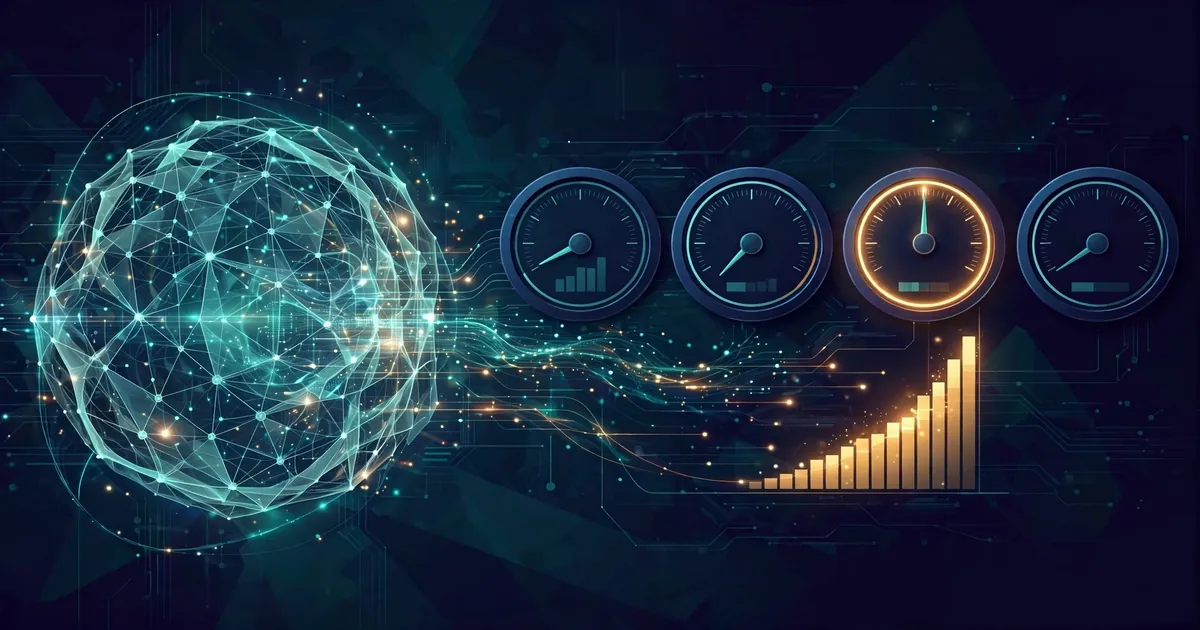 A glowing language-model core feeding into a row of decision dials, one highlighted amber with a rising calibrated probability bar, on a dark indigo background