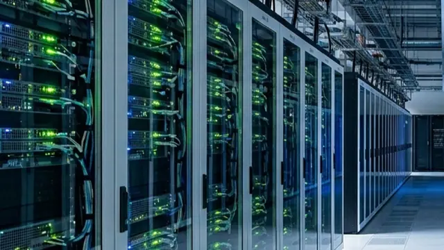Rows of server racks in a data centre hall