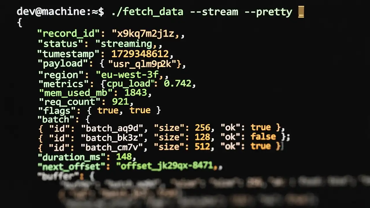 A dark developer terminal running api-anything and streaming structured JSON results