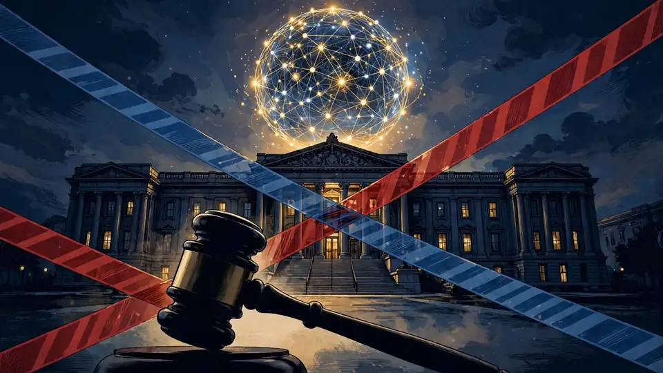 Editorial illustration of a neural-network sphere hovering over a courthouse at dusk with a judge's gavel in the foreground