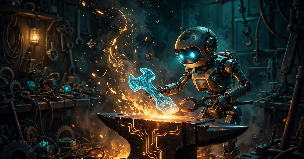 Illustration of a small robot forging a glowing digital tool on an anvil in a dark workshop