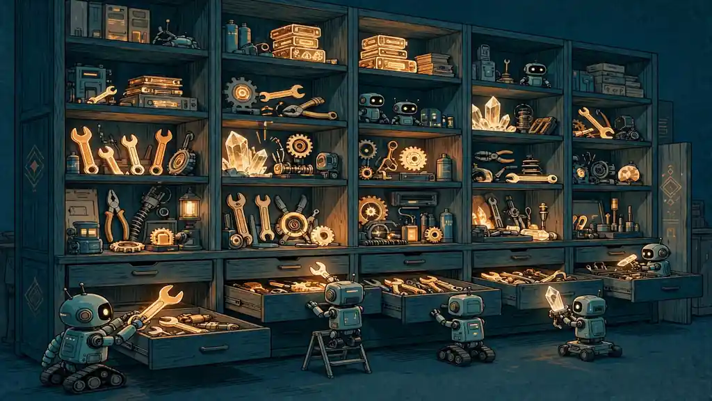 Illustration of small robots adding glowing tools to a shared library of drawers and shelves