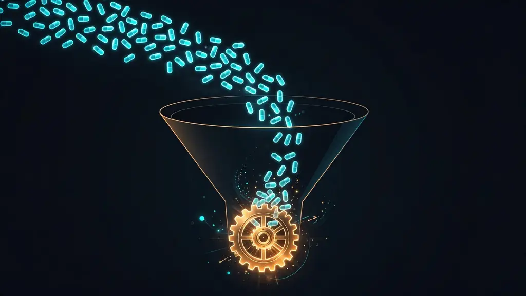 Illustration of a stream of glowing tokens being compressed through a funnel into a single luminous gear
