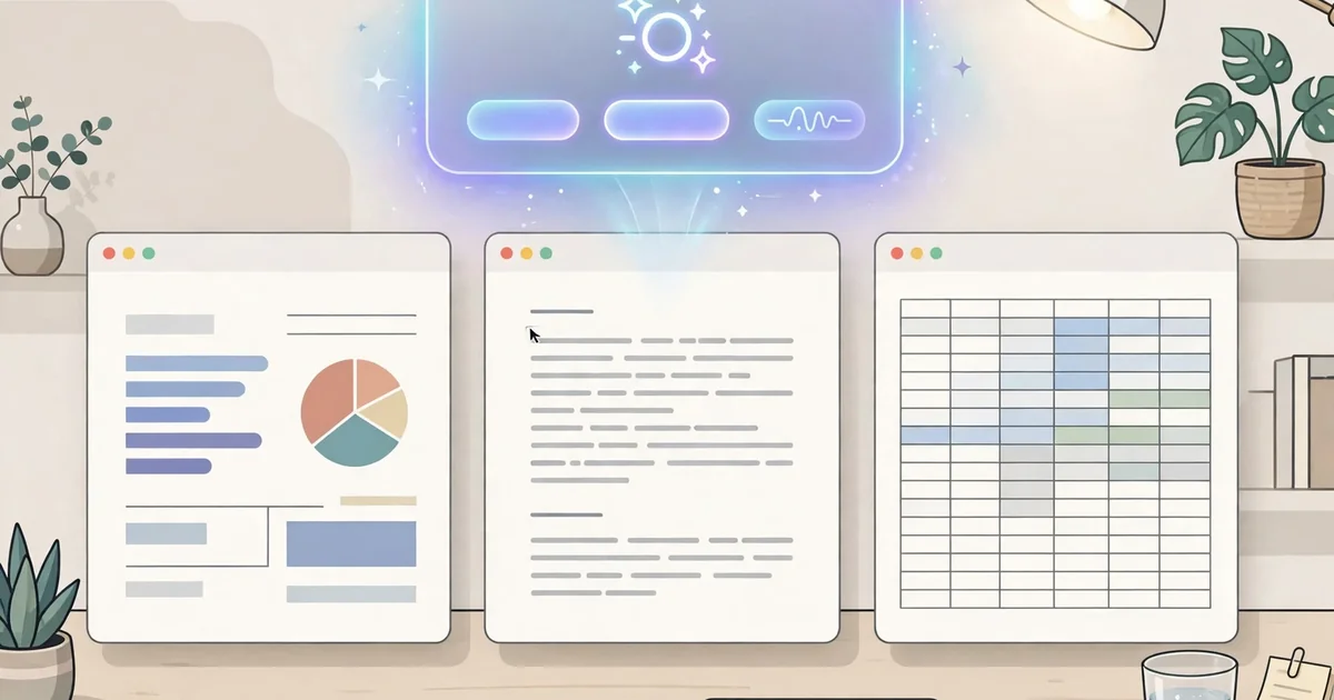 A bright modern Mac workspace showing a presentation, a document and a spreadsheet with a glowing AI assistant panel