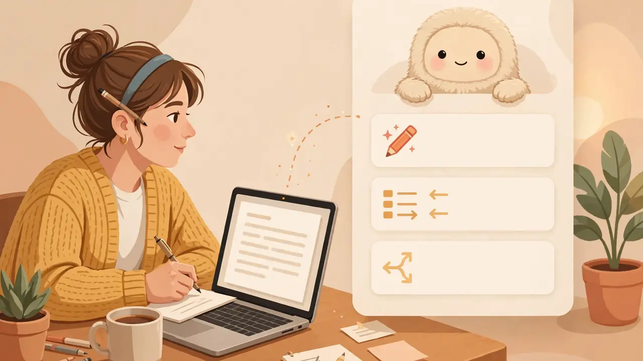 A person drafting a document on a laptop while an AI assistant panel suggests edits beside the text