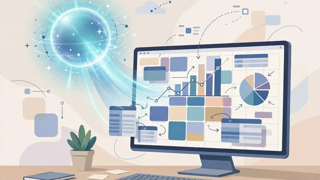 An external AI agent automating a spreadsheet on a desktop screen, with charts and tables rearranging themselves