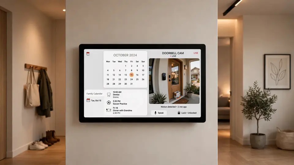 A wall-mounted smart-home display showing a family calendar and a live doorbell camera feed