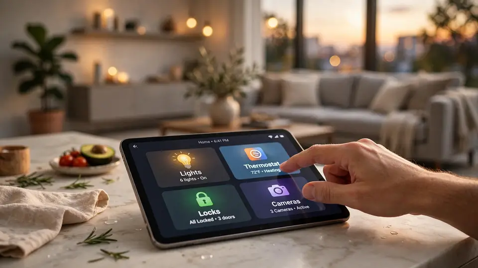 A hand controlling lights, locks, thermostat and cameras on a smart-home touchscreen