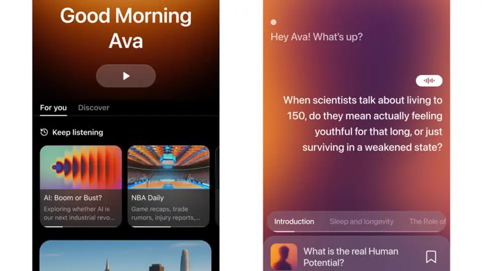Huxe's iPhone app showing a personalized daily audio brief and show cards.