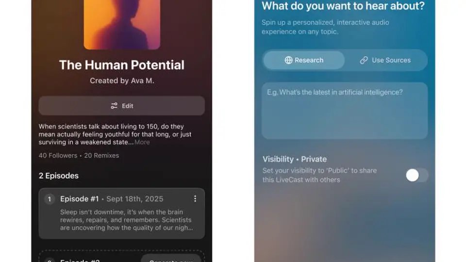 Huxe's interactive podcast player with a live transcript and listening controls.