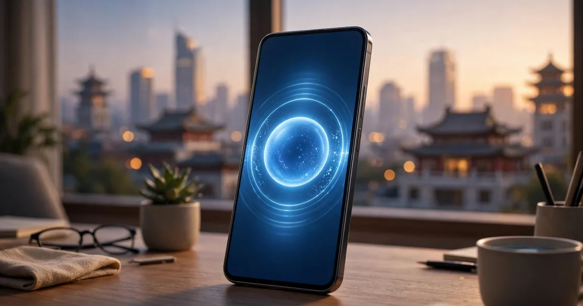 A smartphone showing a glowing AI assistant orb, with a Chinese city skyline at dusk behind it