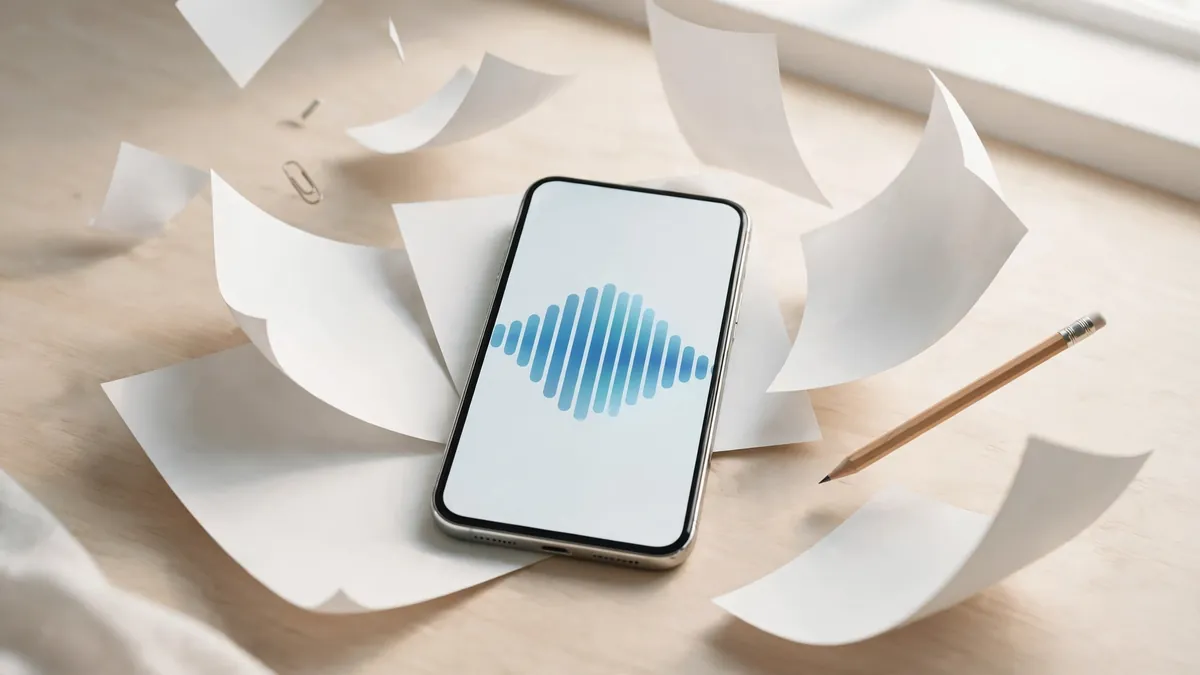A phone showing a voice waveform among floating blank pages and a pencil