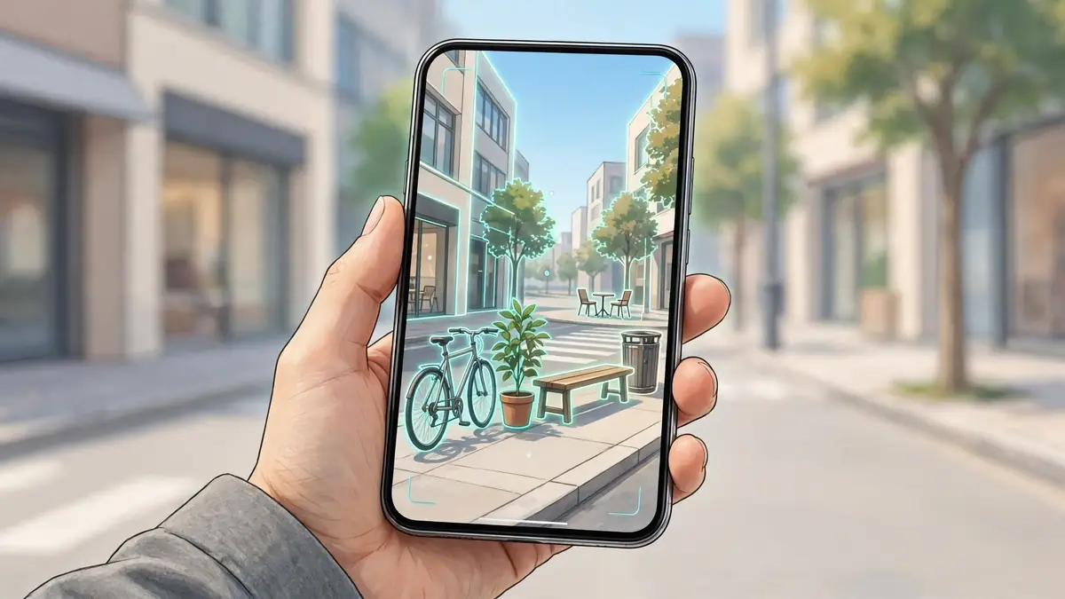 A hand holding a phone whose camera view outlines objects on a city street