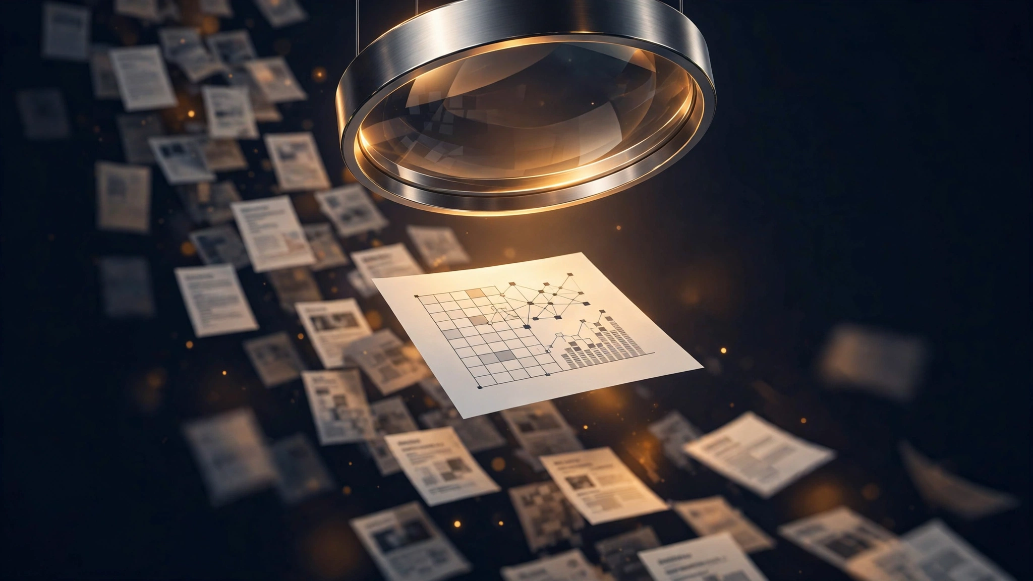 A giant magnifying lens hovering over cascading document page thumbnails, one page snapped into sharp focus