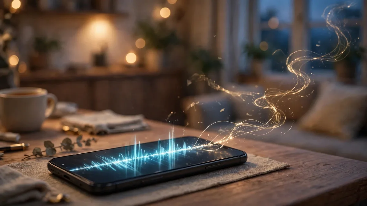 A smartphone on a desk at dusk showing a glowing voice assistant waveform trailing into a thread of remembered conversation