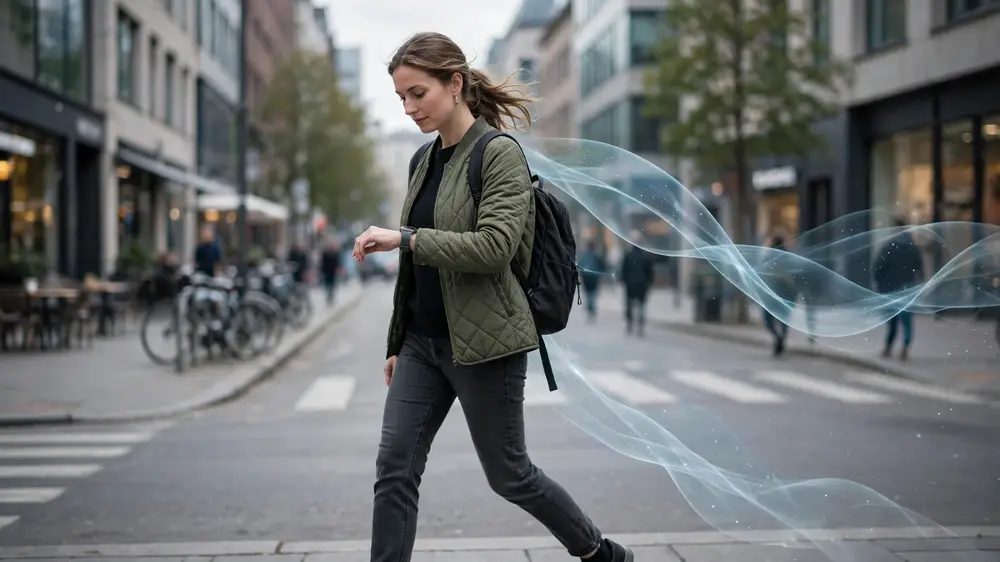 A person glancing at a smartwatch while walking through a city street, with a translucent ribbon of past conversation trailing behind
