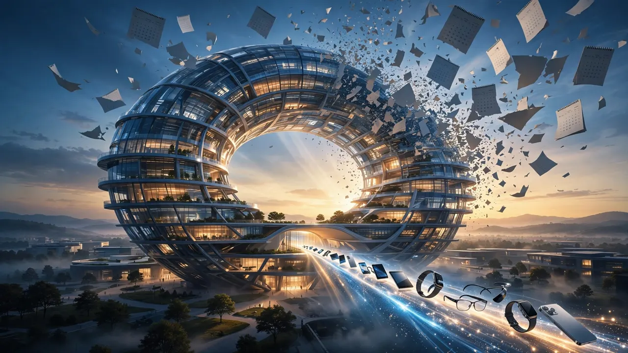 Editorial illustration of a ring-shaped glass tech campus with calendar pages dissolving and devices streaming out, evoking Apple launching products faster and more often