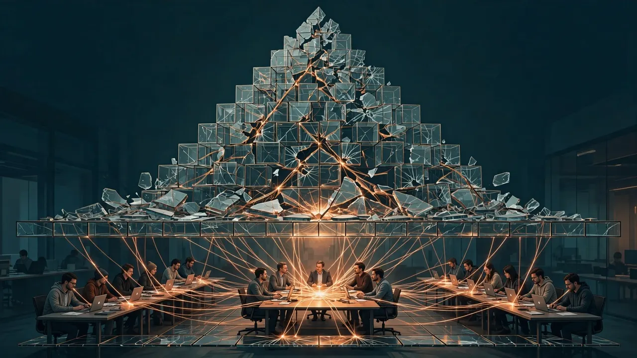 Editorial illustration of a glass corporate pyramid collapsing flat as engineers connect directly to a glowing leadership table, evoking Apple's management-layer cuts