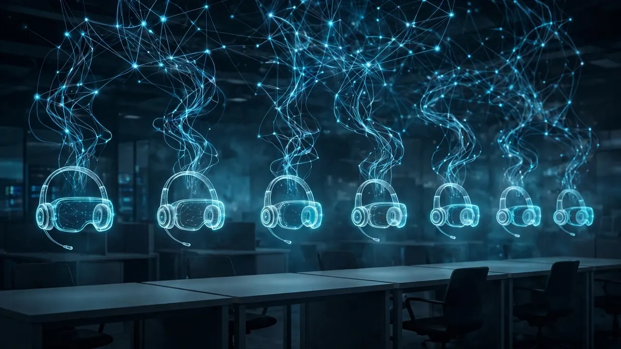 Editorial illustration of glowing holographic AI support headsets floating over empty desks, evoking AI agents taking over customer support roles