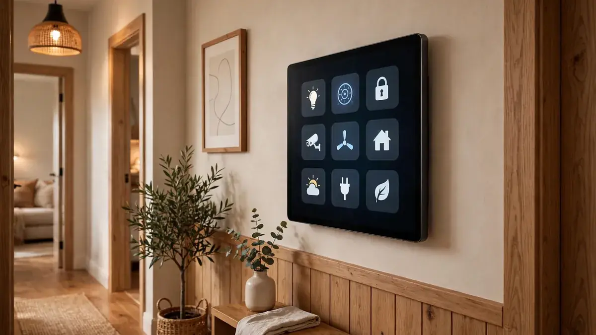 Concept illustration of a wall-mounted smart home hub with home-control tiles.
