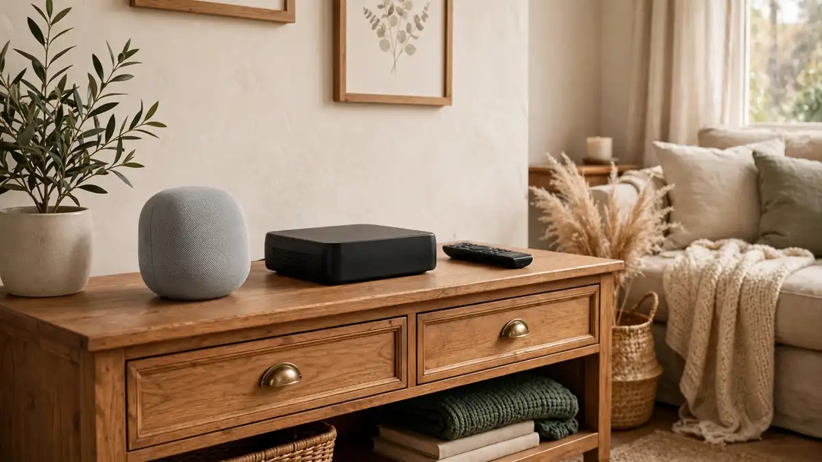 Concept illustration of a small fabric smart speaker next to a compact streaming box.