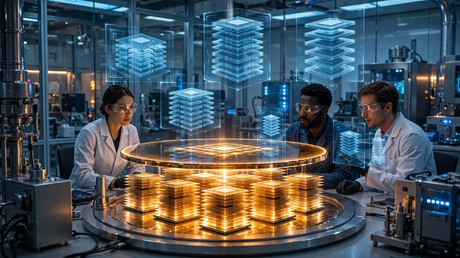 AI-generated editorial illustration of engineers in a semiconductor research lab studying holographic stacked-memory chip designs around a glowing silicon wafer