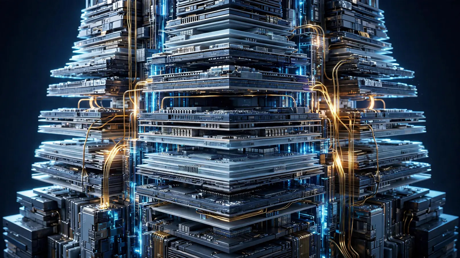 Illustration of stacked NAND flash memory chip layers piled like a skyscraper of silicon with glowing interconnects