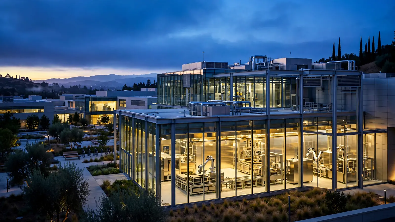 Illustration of a Silicon Valley semiconductor research campus at dusk with robotic arms handling silicon wafers in an ultra-clean room