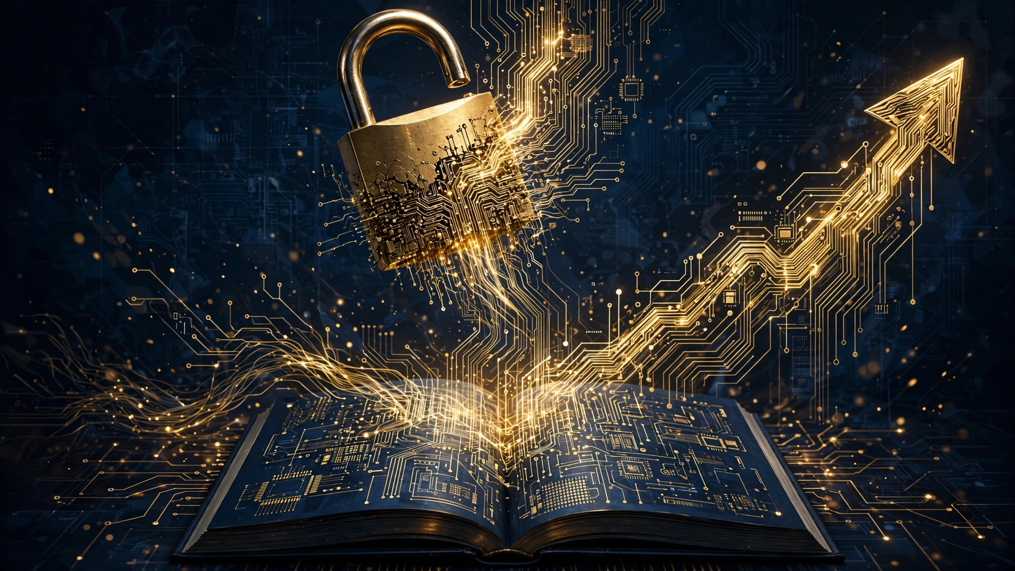 A golden open padlock dissolving into glowing circuit traces above an open book of code, with a rising gold arrow, illustrating Arcee AI's billion-dollar open-weight funding round