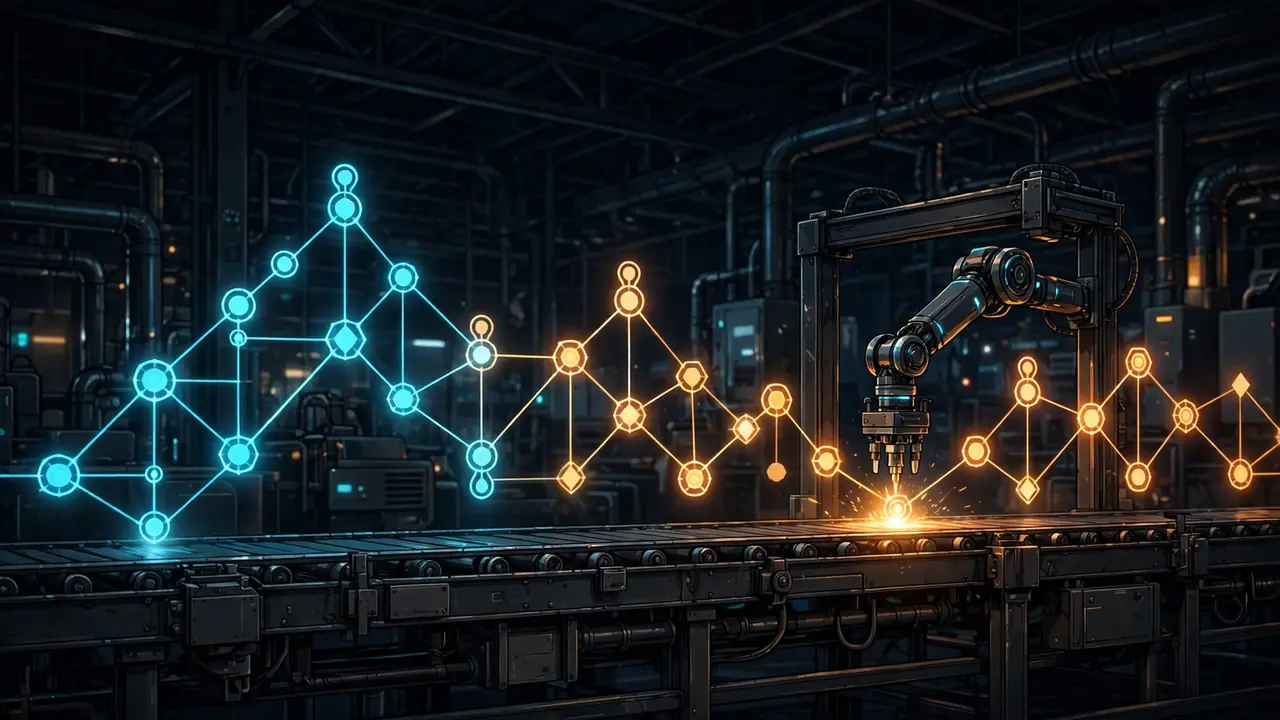A glowing workflow graph moving along a factory conveyor, stamped approved by a robot arm