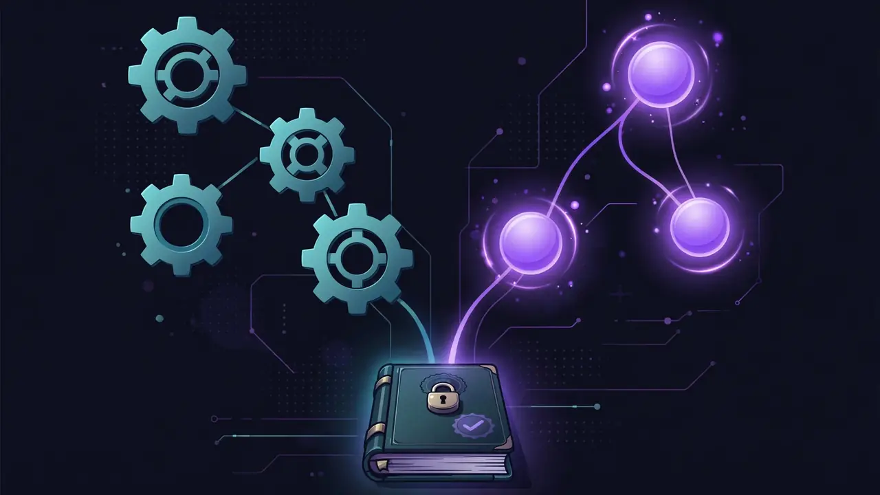 Deterministic script steps shown as gears and AI judgment steps as glowing orbs, feeding into an audited ledger